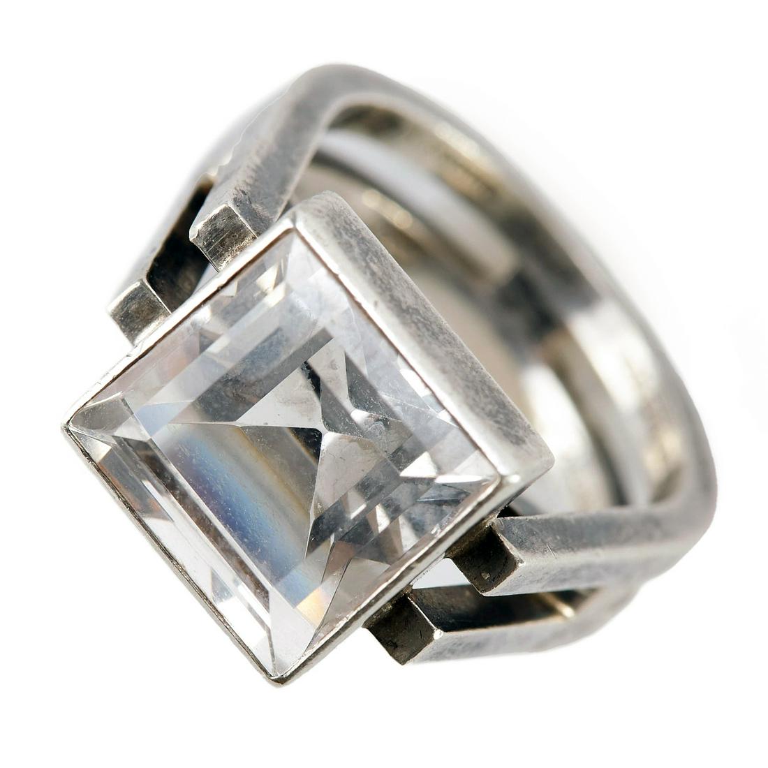 Rey Urban Fausing Sterling Silver Ring Modernist: Rey Urban for A. Fausing, Denmark. Chunky sterling silver ring with square cut stone, ca. 1970s. The interior of the band is marked A. Fausing, 525 Sterling, Denmark, and Rey Urban.Stone; height: 10 m