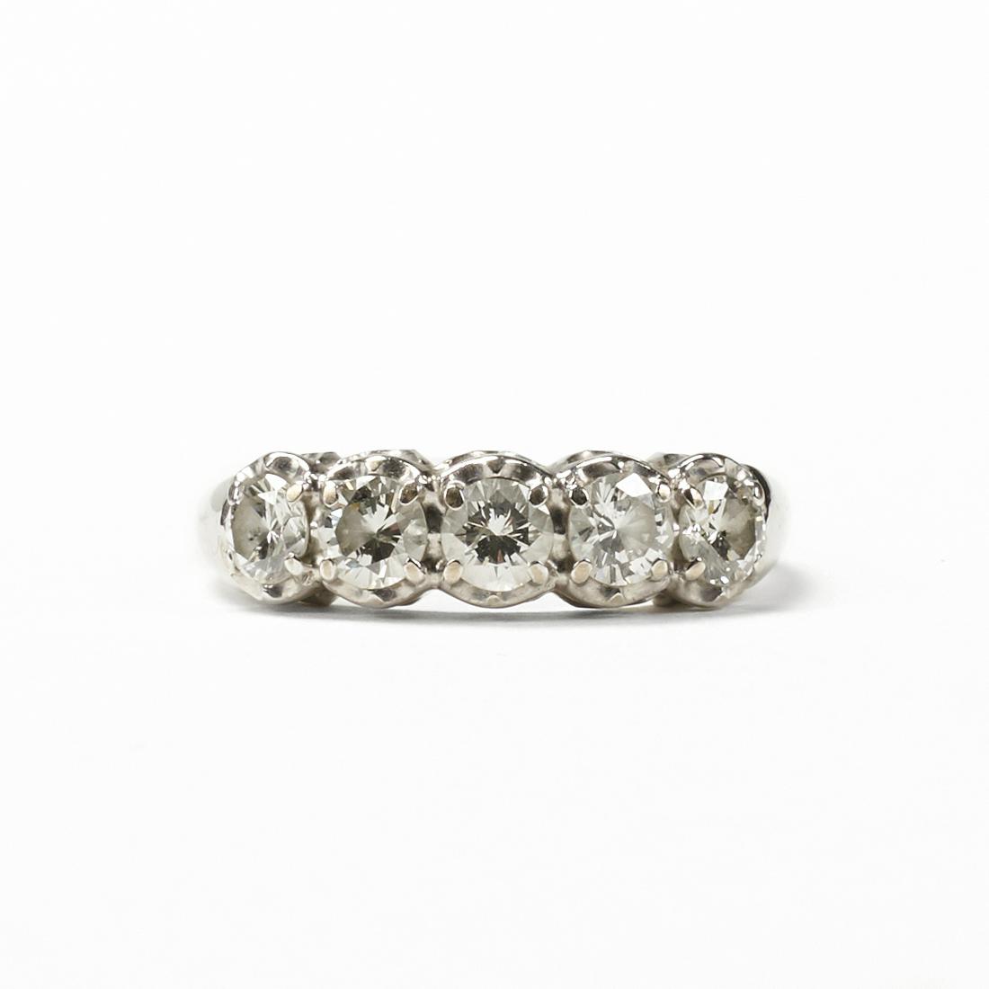Kaynar 14K White Gold Diamond Ring: 14K white gold diamond wedding or anniversary ring by Kaynar, decorated with five round brilliant cut diamonds of H-I color, of SI2-I1 clarity, with diameters ranging from 3.58 mm to 3.66 mm, and weig