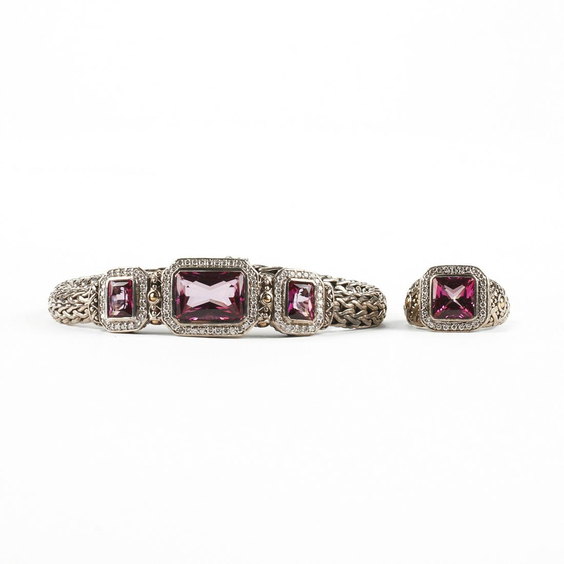 John Hardy Sterling Diamond Bracelet & Ring Tourmaline: John Hardy sterling silver with 18K gold accents pink tourmaline and diamond bracelet and matching ring. The bracelet is decorated with three rectangular mixed cut pink tourmalines and 86 round brilli