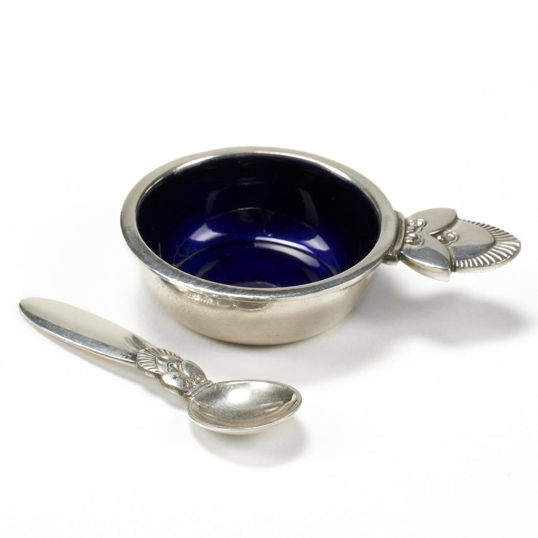 Georg Jensen Cactus Salt Cellar With Blue Enamel: Georg Jensen (Danish, 1866-1935). One Art Deco sterling silver and blue enameled salt cellar with cactus design. Impressed logo GJ with a square indicating work from 1933-1944 along the underlay. Impr