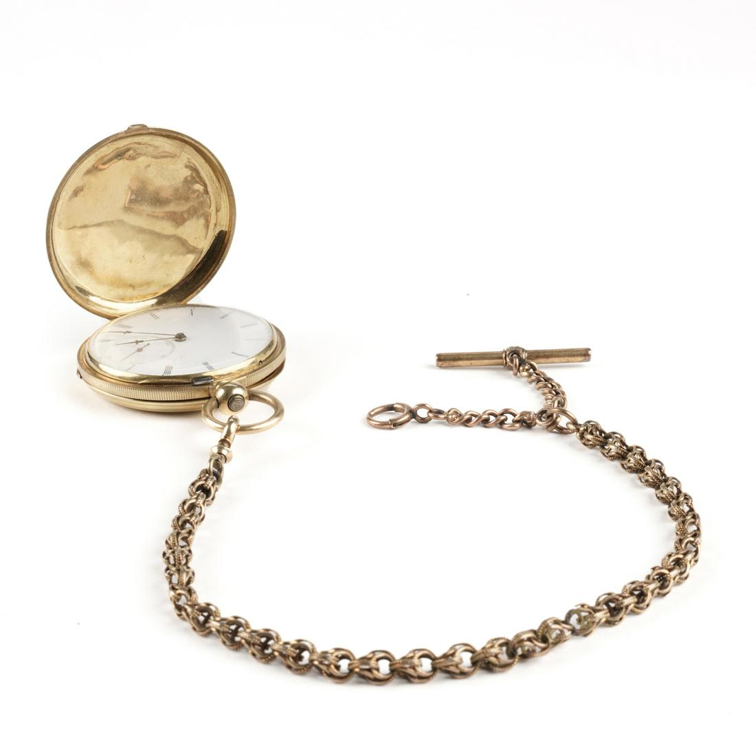 Jules Jurgensen 18K Gold Pocket Watch Hunter Case: Jules Jurgensen, Copenhagen. Rare 18K yellow gold pocket watch with full hunter case and watch chain. No. 10663. With white enamel dial with Roman numerals, small seconds, and fine blued steel hands.