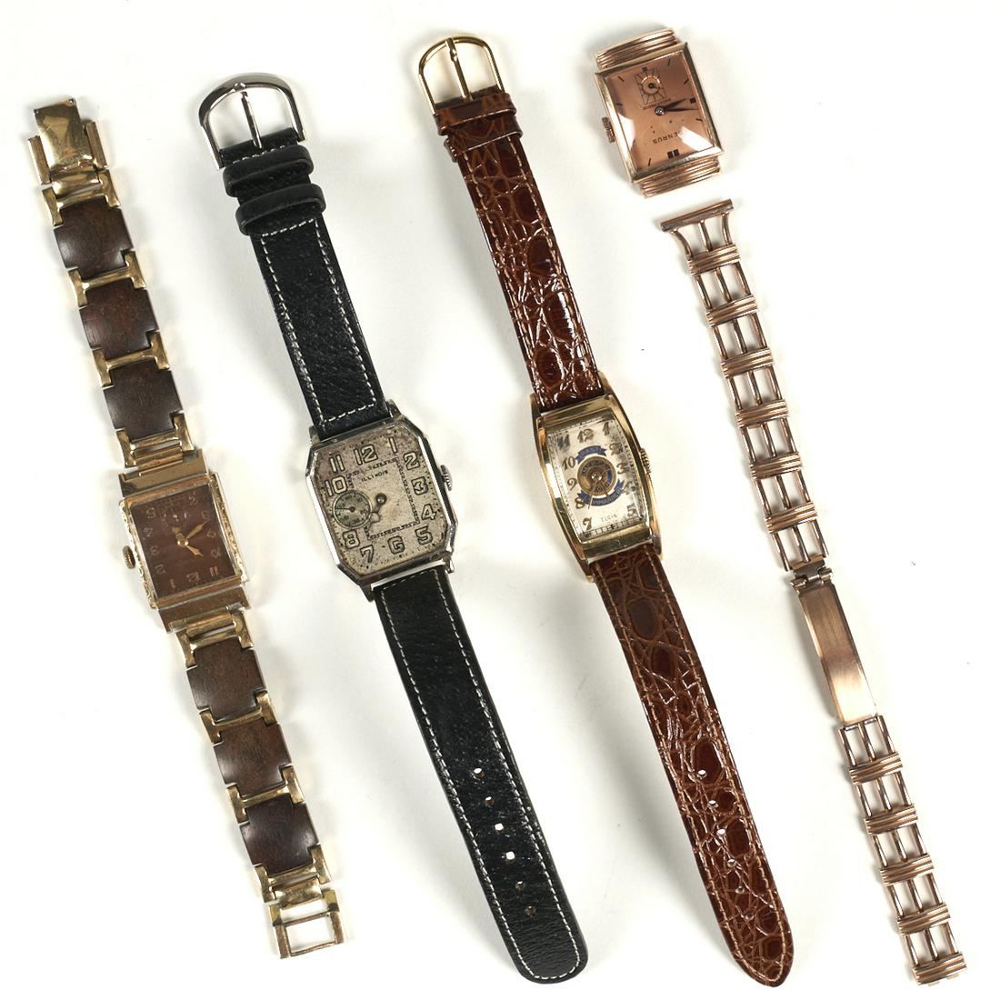 Grp: Vintage Bulova Benrus Elgin Illinois Watches: Group of four vintage watches. One mid-twentieth century Benrus Shockproof square shaped wrist watch that has a 10K rolled gold case and bracelet. The movement functions when wound. The bracelet is no