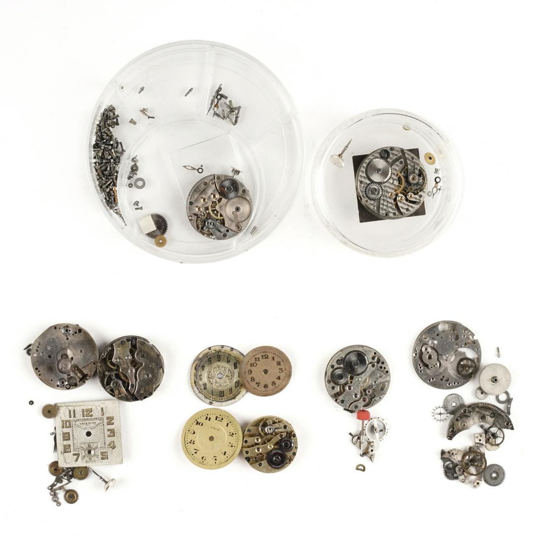 Grp: Vintage Watch Movements: Group of seven twentieth century full and partial watch movements. The movements included have been identified to be a Movado 150MN, Illinois 28365, Fabrique d'Horlogerie de Fontainemelon 5 Hermetique