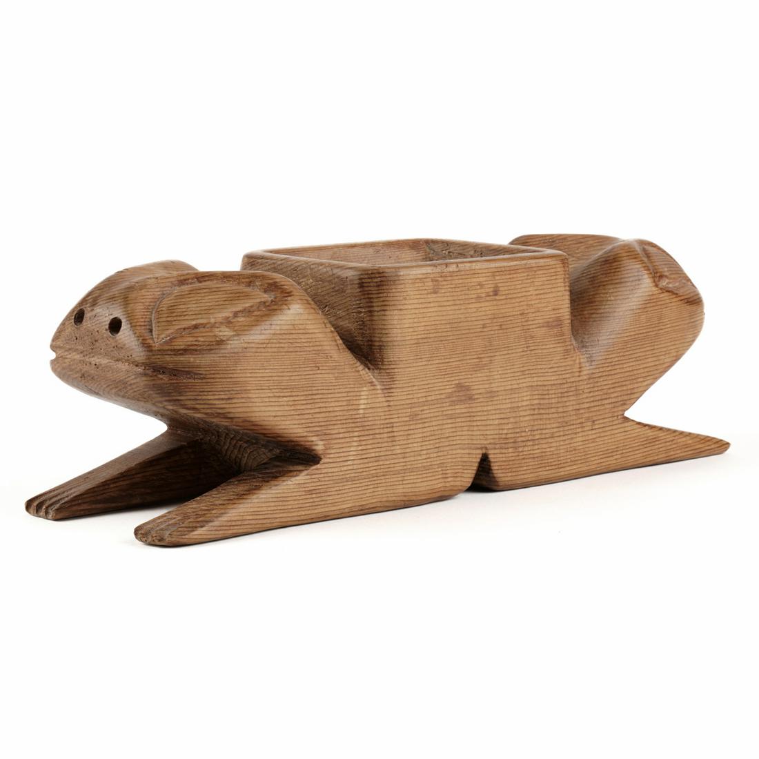 Northwest Carved Potlatch Frog Bowl: Northwest Coast Native American, possibly Tlingit or Klukwan, hand carved cedar wood Frog Clan potlatch symbolic feast bowl. Unmarked. Keywords: Indian Height: 3 3/4 in x width: 12 in x depth: 3 1/2 i