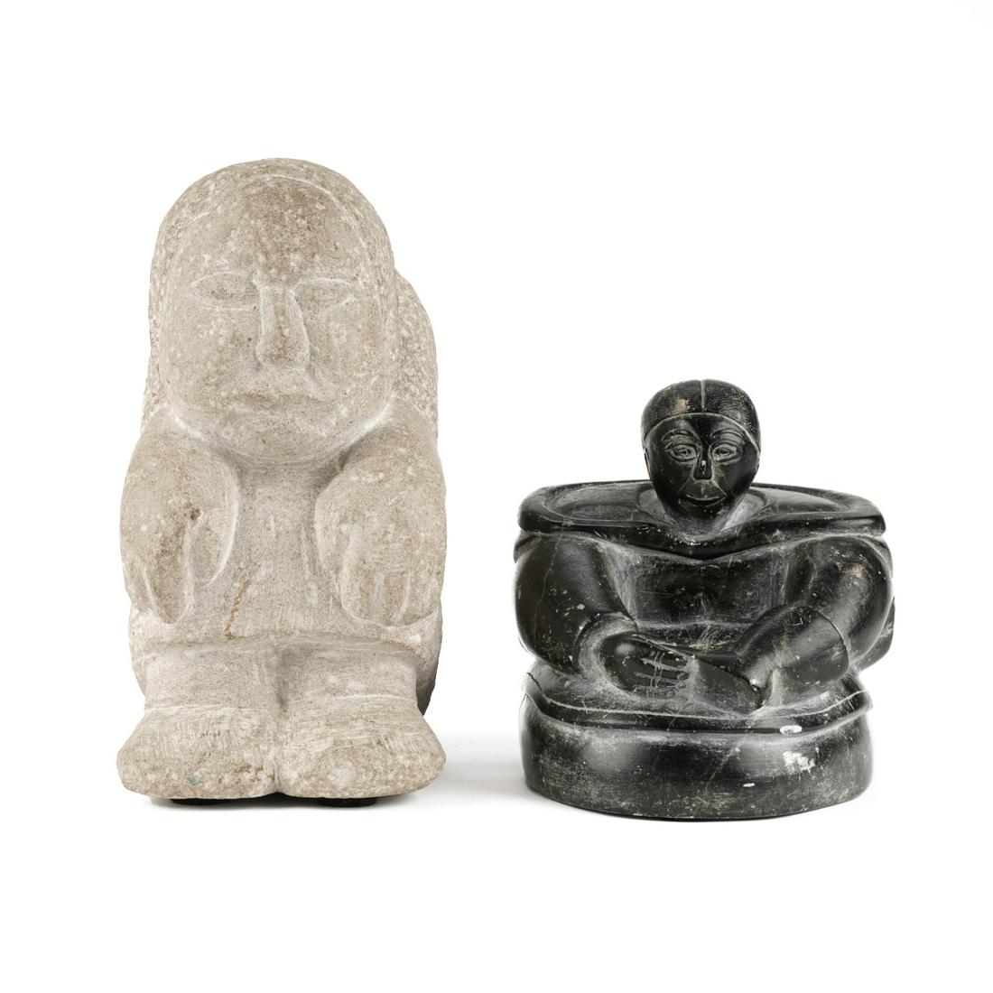Grp: 2 Carved Stone Sculptures - Inuit: Group of two Native American stone carved sculptures including one sandstone or limestone sculpture of a figure squatting, and one soapstone sculpture of a woman signed "Hoda Alako PP" along
