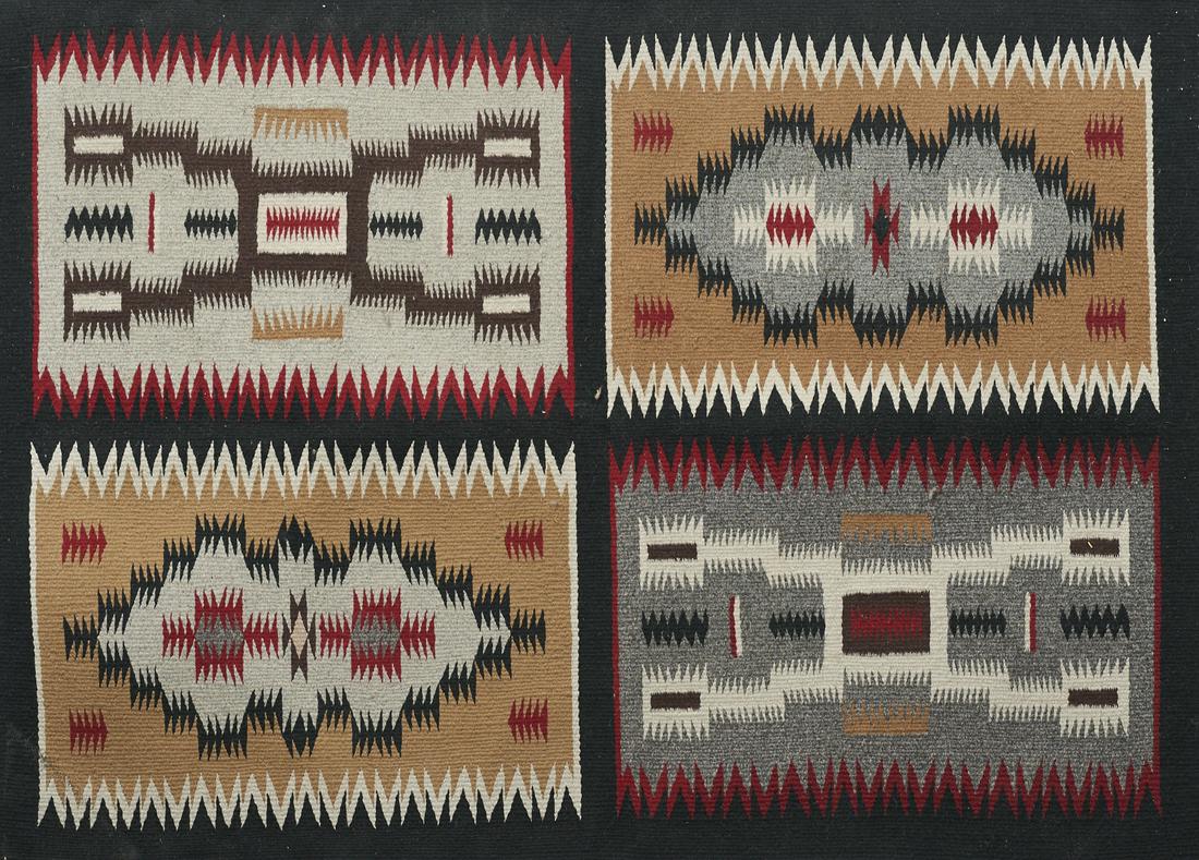 20th C. Storm Pattern Navajo Rug: Native American Navajo storm pattern rug or blanket, ca. 20th century. Woven from black, red, brown gray and white wools. The storm pattern is shown in four different variations in sections of the rug