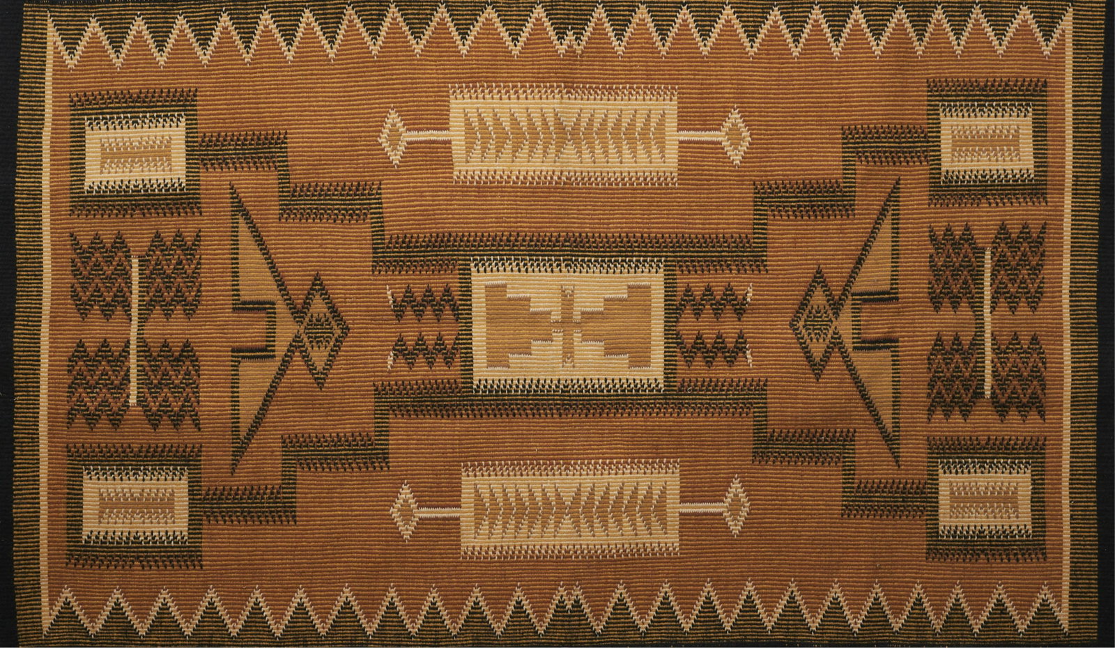Storm Pattern Navajo Rug Blanket Weaving: Storm Pattern Native American Navajo rug woven in black, gold, brown and yellow wools. Height: 2 ft 8 1/2 in x width: 4 ft 7 1/2 in.