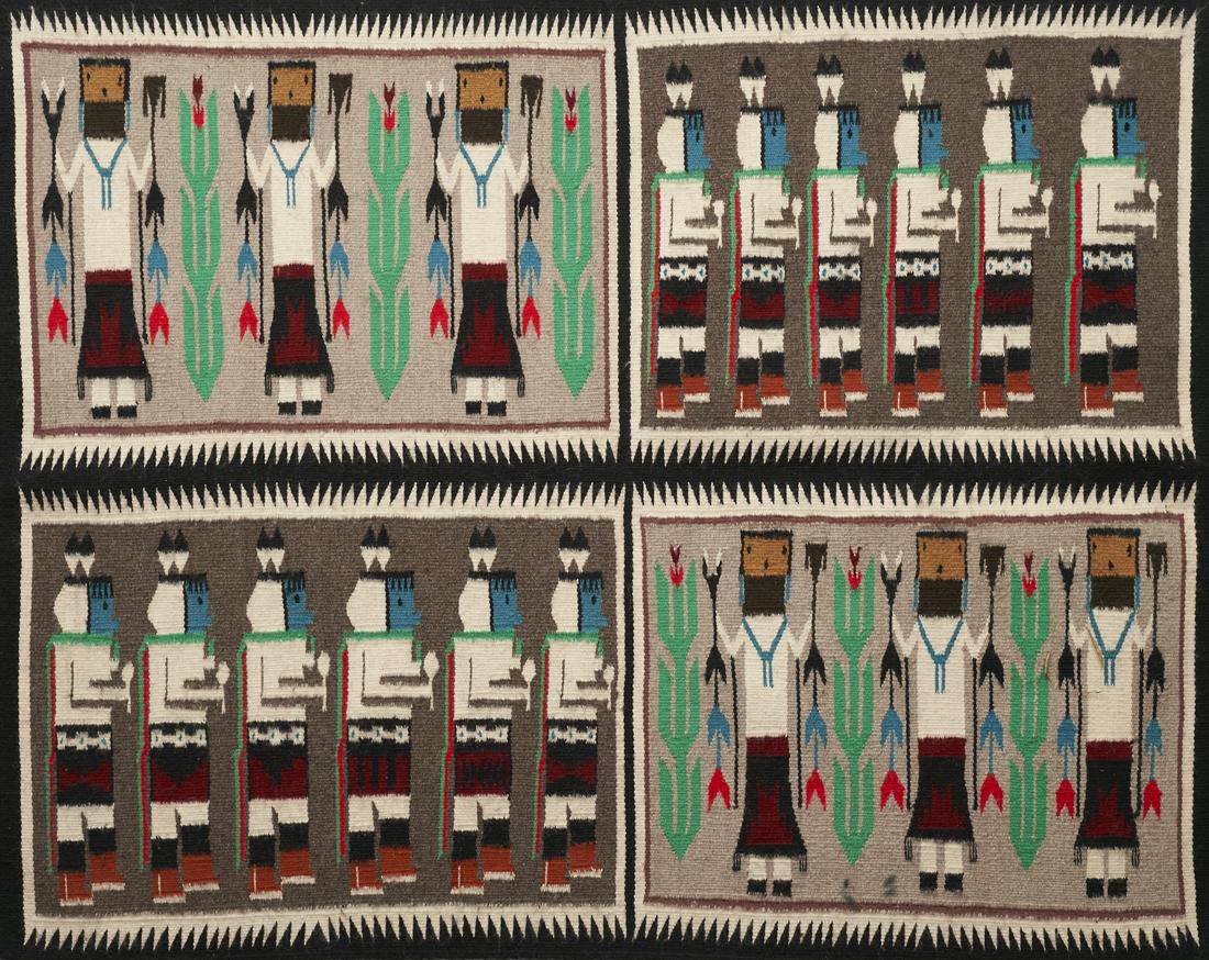 Navajo Yei Pictorial Rug Weaving: Native American Navajo Yei pictorial rug, ca. 20th century, with an attached Second Prize winning ribbon from the Inter-Tribal Indian Ceremonial of Gallup, New Mexico. Woven in a Yei pattern in black,
