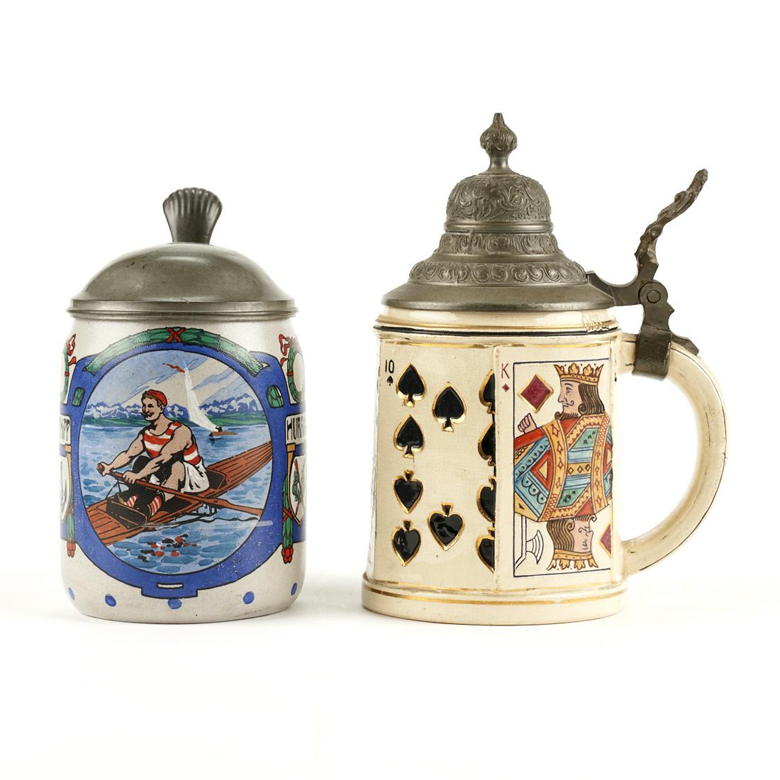 Grp: 2 German Antique Pottery Steins - Rowing Man & (1 of 5)