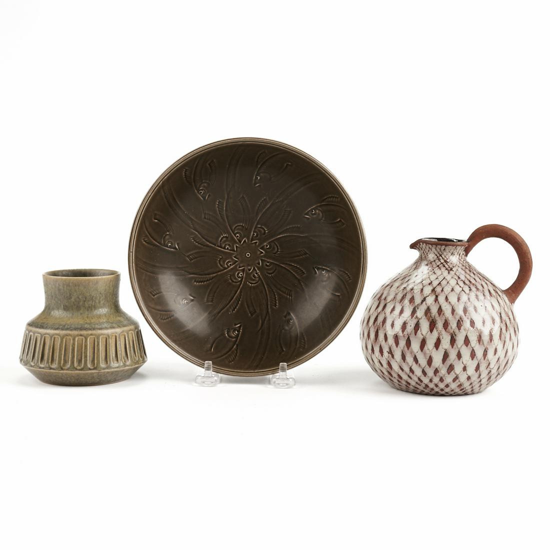 Grp: 3 Danish Designers MCM Art Pottery: Group of three Danish designer mid-century modern art pottery wares including one Michael Andersen & Sons, Bornholm, Denmark vase in a gray glaze and fluted sides, marked with the company's mark, &quo