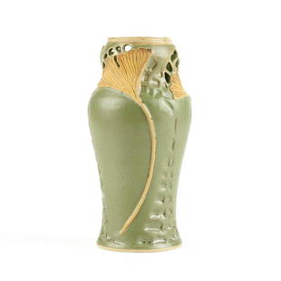 Mary Pratt Clay Studio Arts & Crafts Roycrofters: Mary Pratt (American, 21st century) for Pratt Clay Studio, Wisconsin, USA. Arts & Crafts Roycroft artisan pottery vase with a matte green and yellow glaze and hand made reticulated design, decorated w