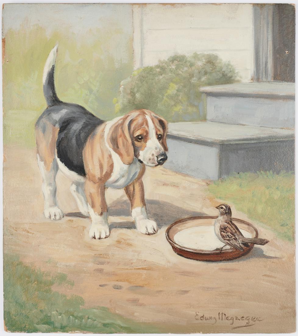 Edwin Megargee Dog & Bird Oil on Board: Edwin Megargee (American, 1883-1958). Oil painting on board depicting a dog looking at a bird resting on a dish outside in the yard. Signed along the lower right.Height: 13 1/2 in x width: 12 in.