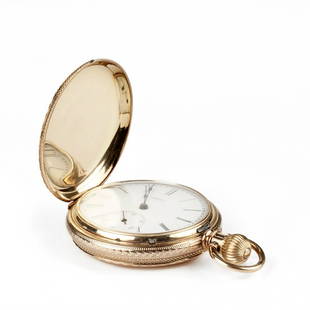 Elgin 14K Gold Full Hunter Pocket Watch: Elgin Watch Company, USA. 14K gold full hunter pocket watch with a white dial, Roman numerals, and marked "Elgin" along the dial. Engraved "M Jane Leach" along the back of the case