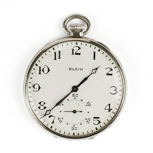 Elgin 14K White Gold Open Face Pocket Watch: Elgin Watch Company, USA. 14K white gold open faced pocket watch with a white enamel dial, Arabic numerals, and blue steel hands. Stamped "Elgin" along the face. Marked along the movements &