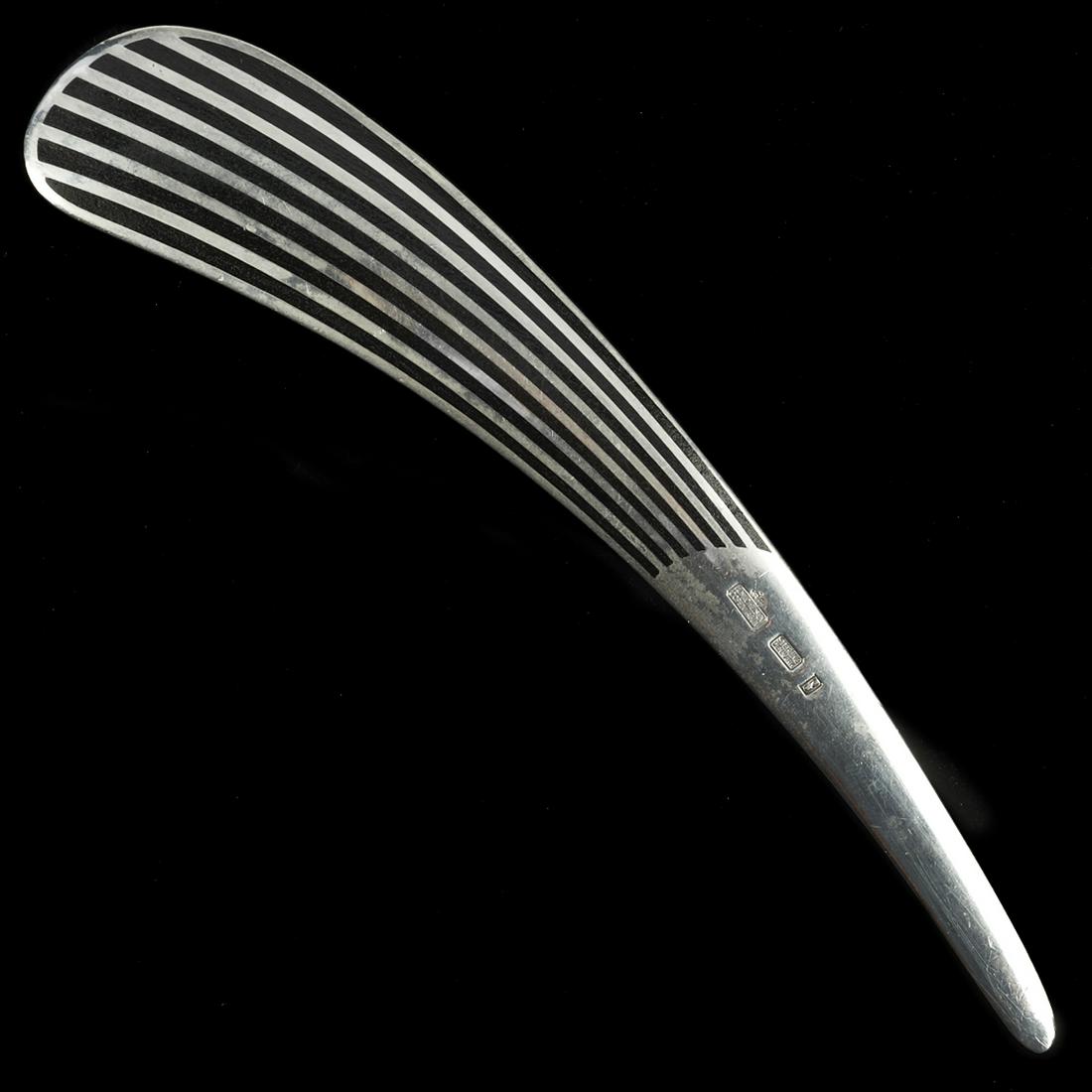 Nanna Ditzel A. Michelsen Sterling Enamel Letter Opener: Nanna Ditzel (Danish, 1923-2005) for A. Michelsen, Copenhagen, Denmark. Sterling silver letter opener inlaid with a black enamel, ca. 1955. Marked "A. Michelsen Copenhagen," "Sterling D