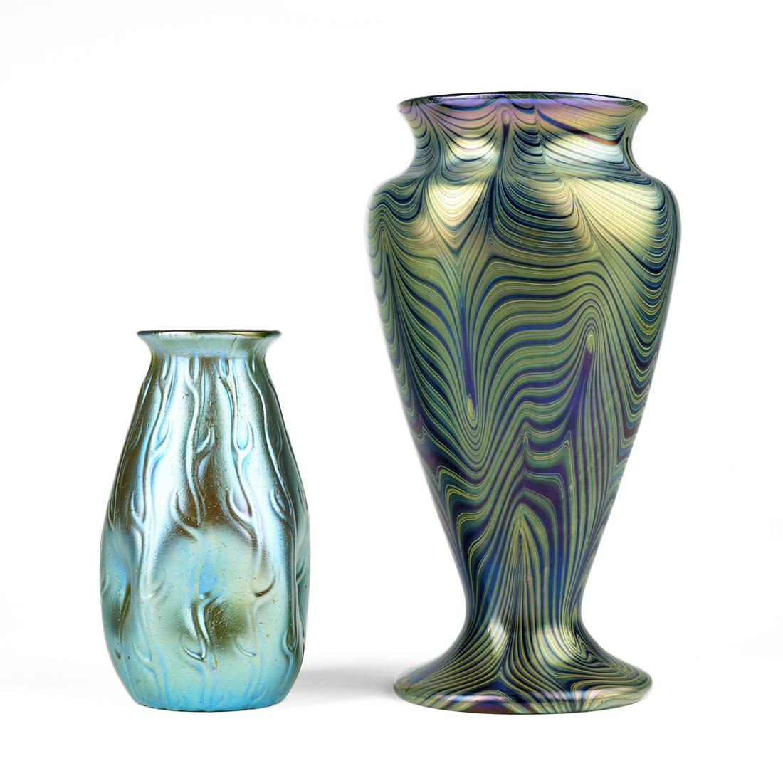 Grp: 2 Iridescent Favrile Style Art Glass Vases (1 of 4)