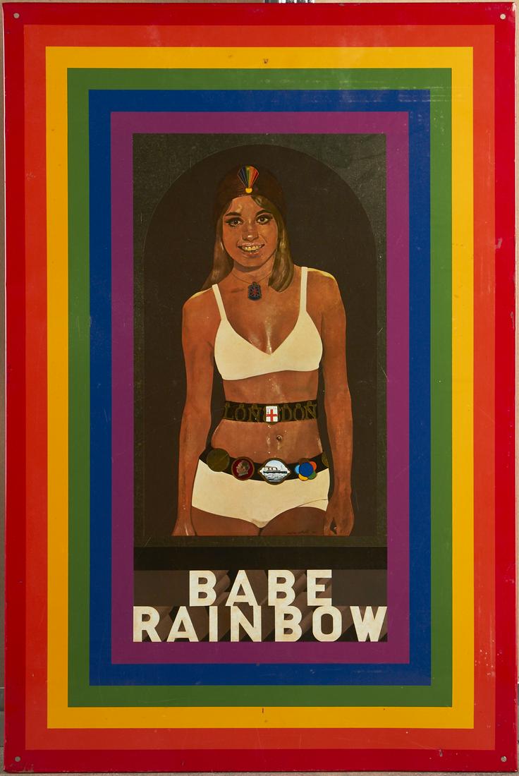 Peter Blake "R is for Rainbow" Screenprint on Tin: Sir Peter Blake (British, b. 1932). Screenprint on pressed tin titled "R is for Rainbow," 1968, depicting a fictitious female wrestler named "Babe Rainbow" framed by a vibrant rain
