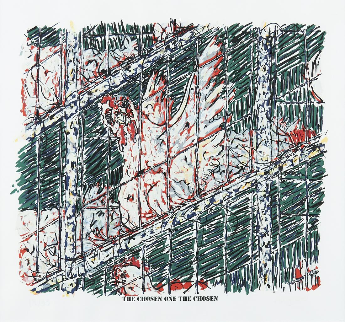 Doug Argue "The Chosen One the Chosen" Color Lithograph: Doug Argue (American, b. 1962). Color lithograph on paper titled "The Chosen One the Chosen" depicting cages of chickens, focusing on the central chicken who flaps its wings and stares direc
