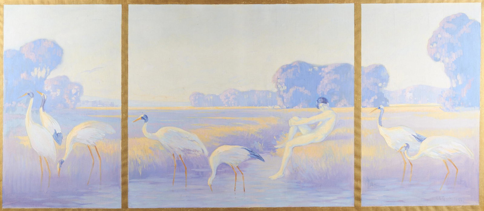 Clarence Rosenkranz Boy & Cranes Oil on Canvas: Clarence C. Rosenkranz (American, 1871-1959). Oil on canvas impressionist style painting depicting a nude male figure seated on a marshy terrain amongst cranes rendered in hues of lavender, white, and