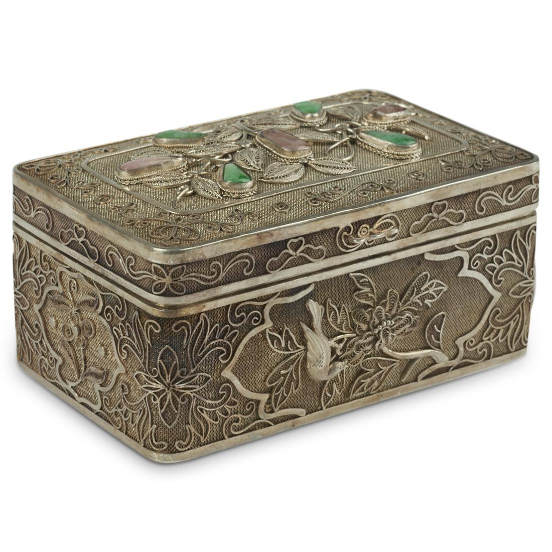 Chinese Republic Silver & Hardstone Filigree Box (1 of 9)