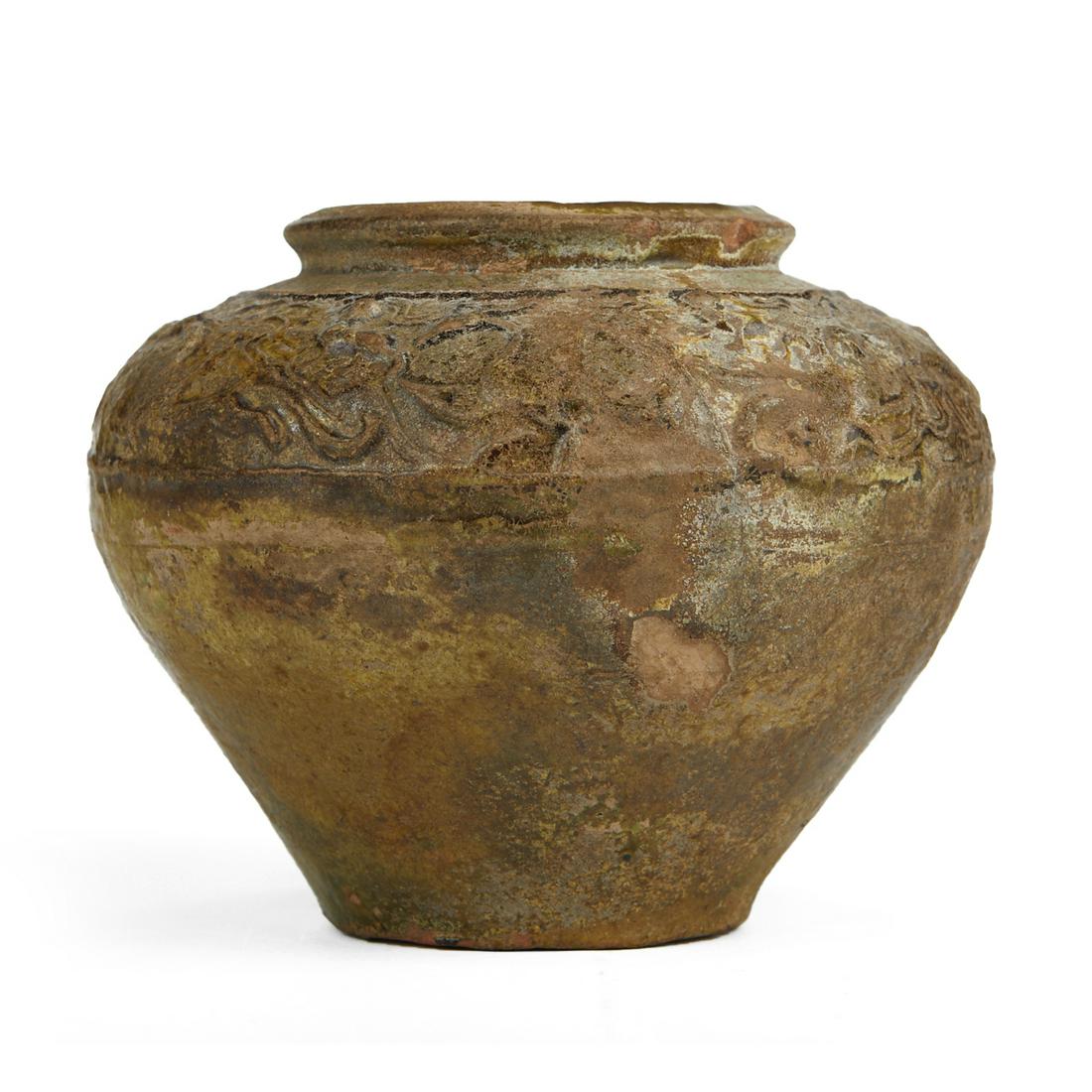 Chinese Tang Impressed Jar with Yellow Green Glaze (1 of 5)