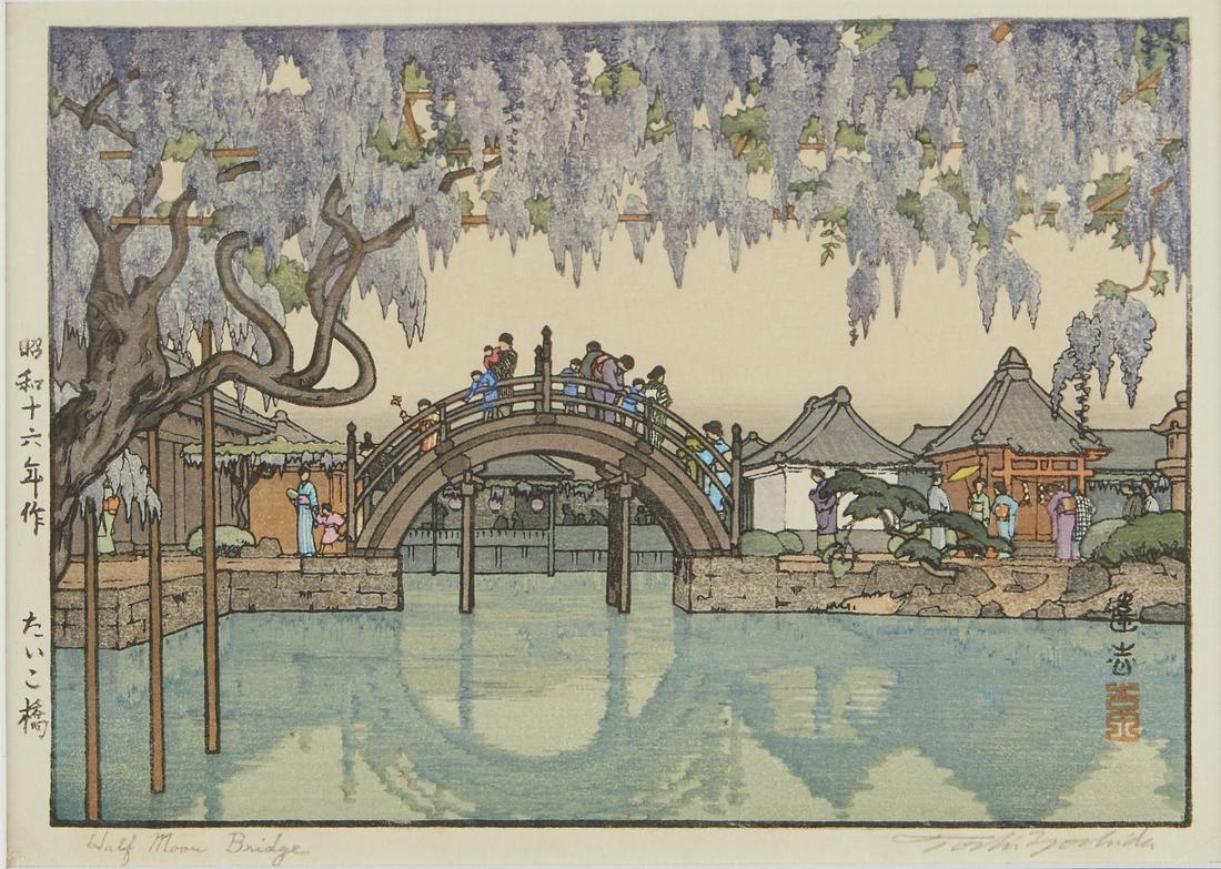 Toshi Yoshida "Half Moon Bridge" Woodblock Print: Toshi Yoshida (Japanese, 1911-1995). Japanese woodblock print titled "Half Moon Bridge," depicting a group of people crossing a half moon bridge, framed along the top of the composition by a flowering