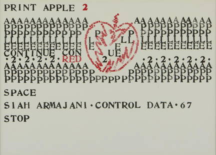 Siah Armajani "Print Apple 2" Screenprint: Siah Armajani (Iranian, 1939-2020). Screenprint on paper titled "Print Apple 2," 1967, depicting a conceptual art piece with text spread throughout the paper centering a red outlined apple. Marked "Si