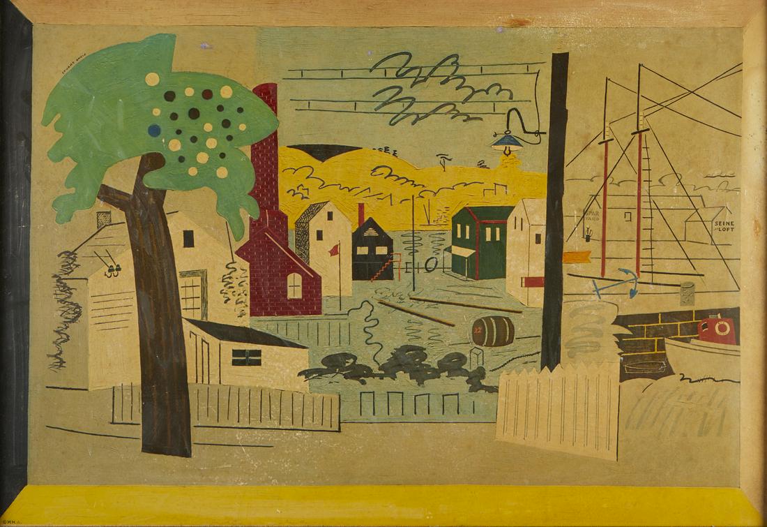 Grp: 4 Prints - Gene Wright Stuart Davis: Group of four pieces of art including one Stuart Davis (1892-1964) print on board of his painting titled "Summer Landscape," signed in plate along the upper left, with check-out label and label descri