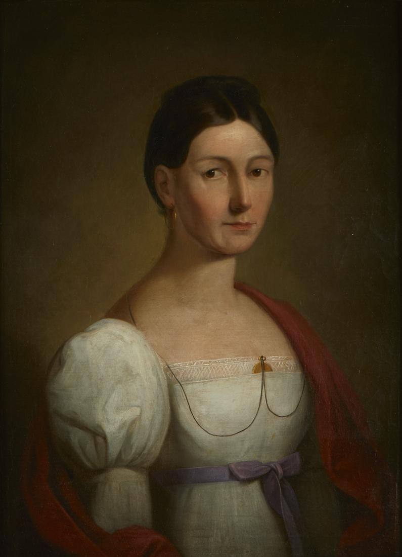 19th c. English School Portrait of Lady Painting: 19th century English School oil on canvas painting depicting a portrait of a lady wearing a white dress cinched with a purple ribbon at the waist, a locket tucked between the dress at her bosom, and e