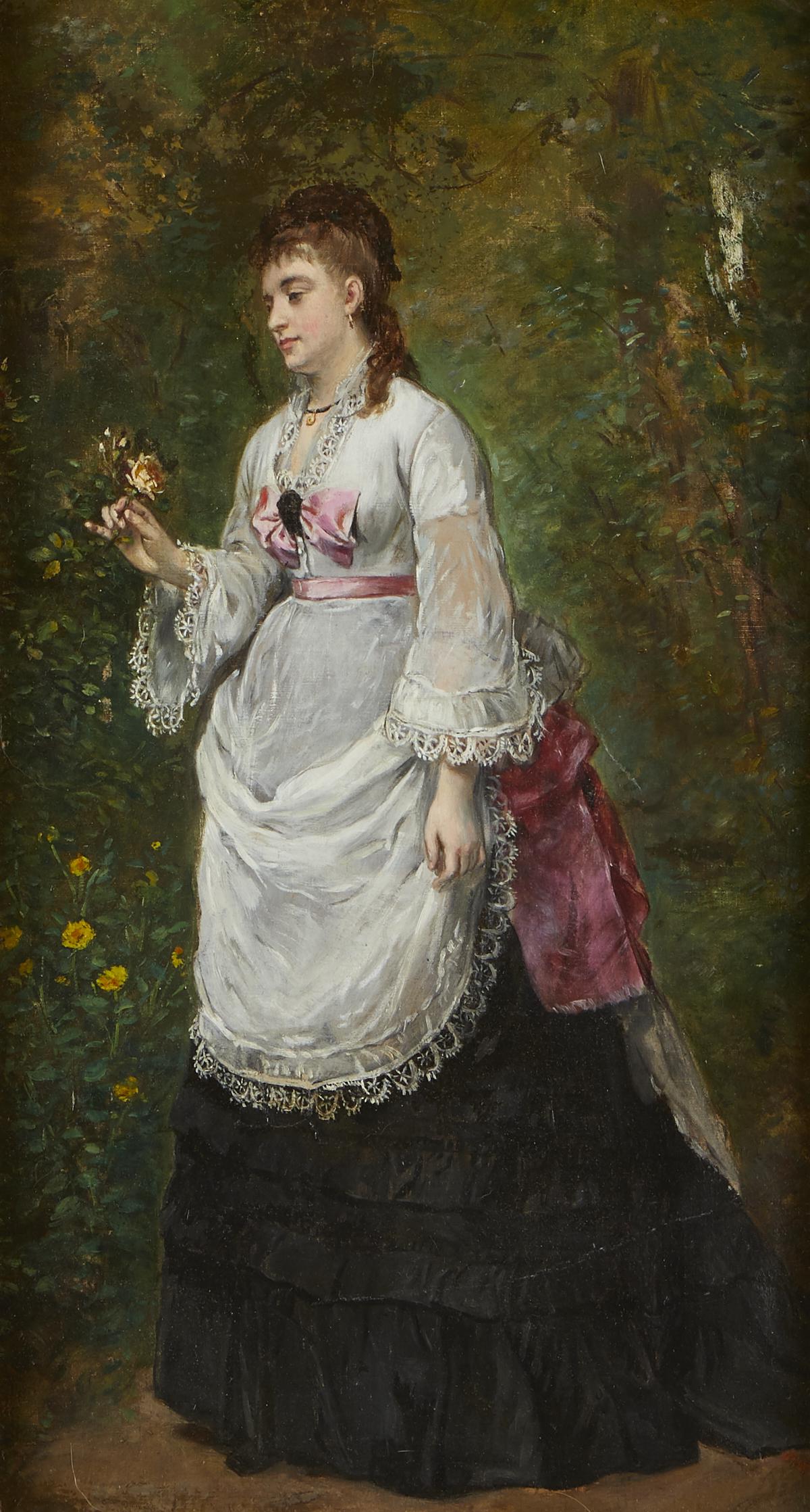 19th c. Portrait of Lady w/ Rose Oil on Board: 19th century oil on board full portrait painting of a woman holding a yellow rose in a lush, green garden, wearing a white dress with a black skirt, accented with pink ribbons. Sight; height: 21 1/4 i