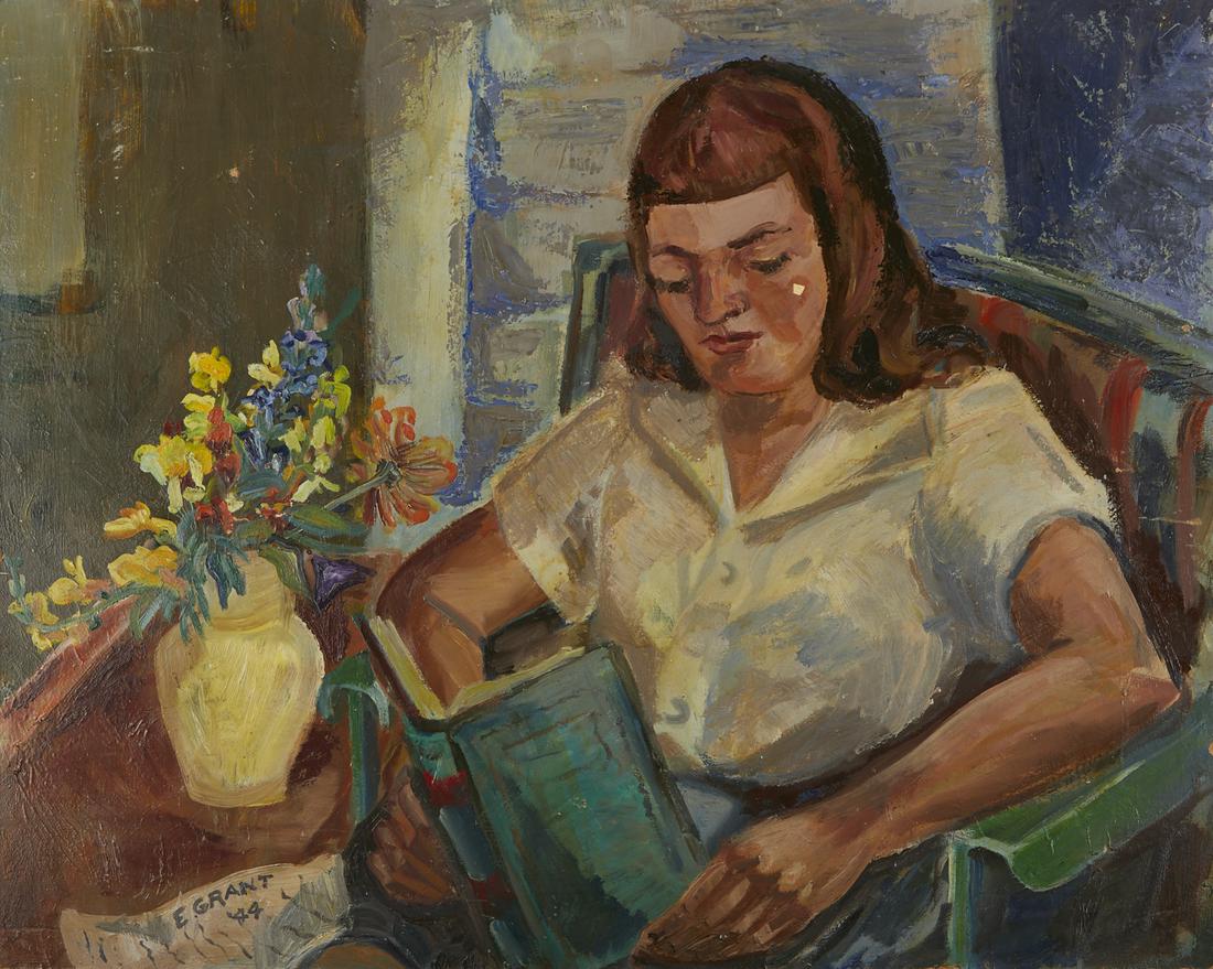 Elizabeth Grant WPA Woman Reading Oil on Board: Elizabeth Grant (American, 20th century). Early 20th century WPA era oil on board painting depicting a woman seated in an armchair reading a book. She sits next to a yellow vase full of flowers on a s