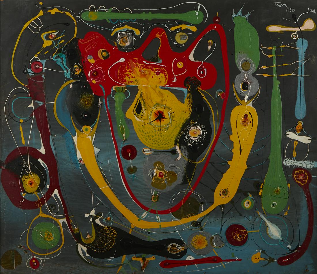 Ernest Trova "514 Untitled (G.A.)" Enamel on Wood: Ernest Tino Trova (American, 1927-2009). Enamel on wood abstract composition titled "514 Untitled (G.A.)," depicting highly textured swirling shapes in vivid colors on a gray and blue ground. Signed,