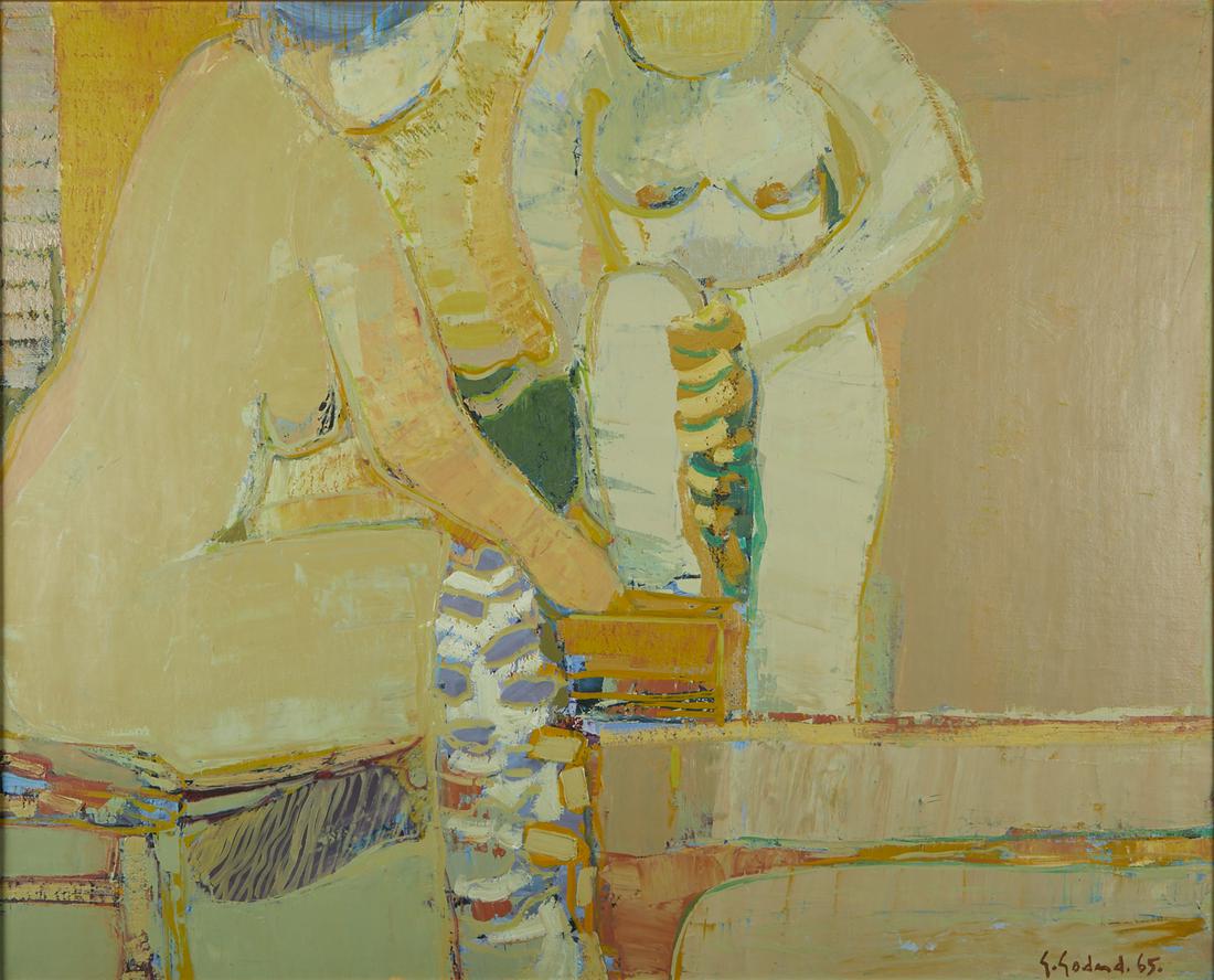 Gabriel Godard "Femmes a la Toilette" Oil on Canvas: Gabriel Godard (French, b. 1933). Oil on canvas titled "Femmes a la Toilette" depicting two female nude bathers. Signed and dated "G. Godard. 65" along the lower right. Provenance: Skinner Auctions, M