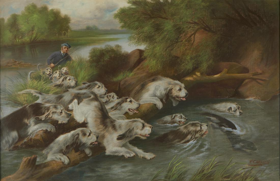 Henry Carling Hunting Scene Pastel on Canvas (1 of 3)