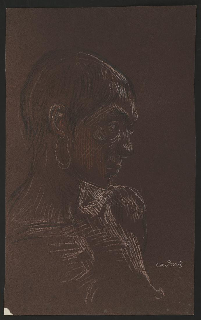 Paul Cadmus Portrait Crayon Drawing on Paper: Paul Cadmus (American, 1904-1999). Crayon on brown paper bust-length portrait depicting a nude figure with a short haircut and hoop earrings. Signed along the lower right. Height: 14 1/4 in x width: 8