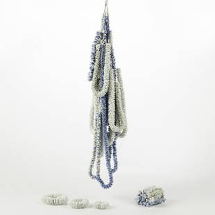 Jae Won Lee "Blooming Withering & Other Thoughts": Jae Won Lee (Korean/American, 20th/21st century). Mixed media sculpture titled "Blooming, Withering, & Other Thoughts" comprised of numerous small porcelain floral ornaments in periwinkle blue and whi