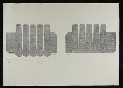 Siah Armajani "Sound Towers" Lithograph: Siah Armajani (Iranian-American, 1939-2020). Lithograph on paper titled "Sound Towers," 1972 from Armajani's "Tower Projects," 1969-70. Numbered 41/50, signed, and dated '72 in pen