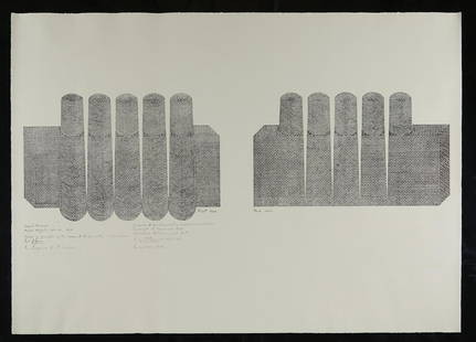 Siah Armajani "Sound Towers" Lithograph: Siah Armajani (Iranian-American, 1939-2020). Lithograph on paper titled "Sound Towers," 1972 from Armajani's "Tower Projects," 1969-70. Numbered 41/50, signed, and dated '72 in