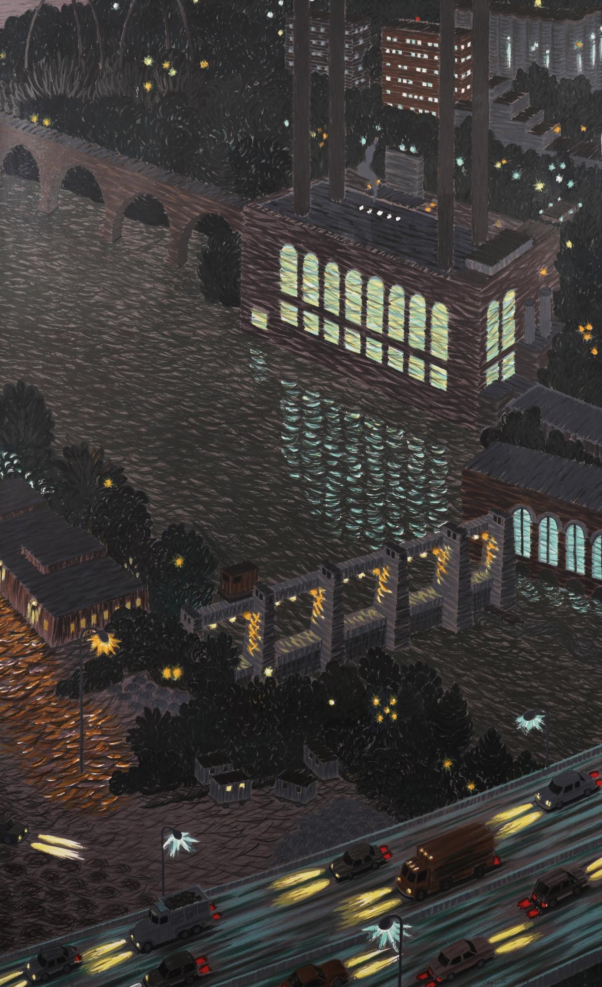 Yvonne Jacquette "Mississippi Night Lights" Color: Yvonne Helene Jacquette (American, b. 1934). Color lithograph and screenprint titled "Mississippi Night Lights" depicting an aerial view of an urban nighttime setting with cars driving down