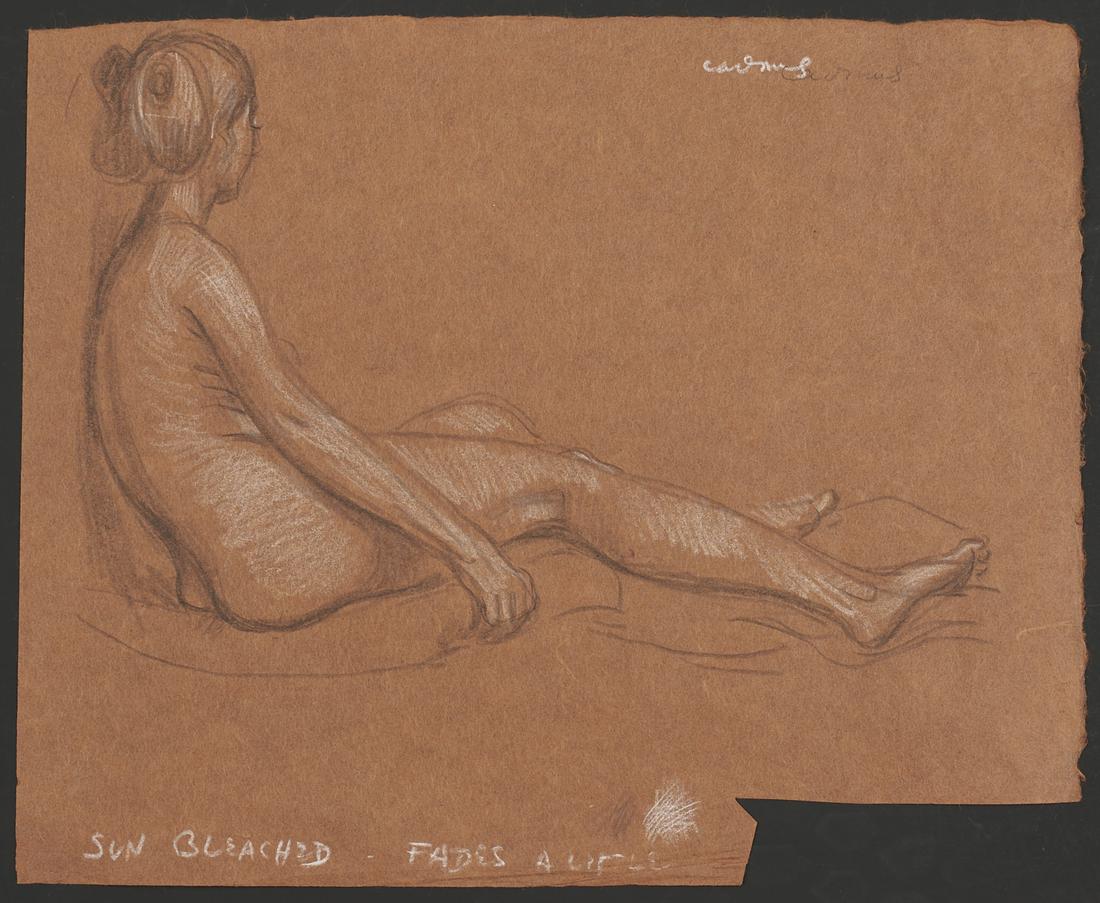 Paul Cadmus Female Nude Crayon on Paper: Paul Cadmus (American, 1904-1999). Crayon drawing on paper two-color sketch depicting a female nude seated with her legs outstretched to the side and viewed from behind. Inscribed "Sun Bleached -