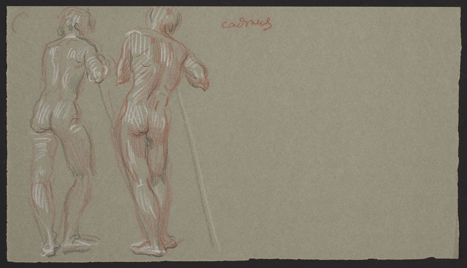 Paul Cadmus Standing Nudes Crayon on Paper: Paul Cadmus (American, 1904-1999). Crayon on paper three-color sketch drawing depicting two standing nude figures resting against long poles. Signed along the upper right in red crayon.Height: 7 1/4 i