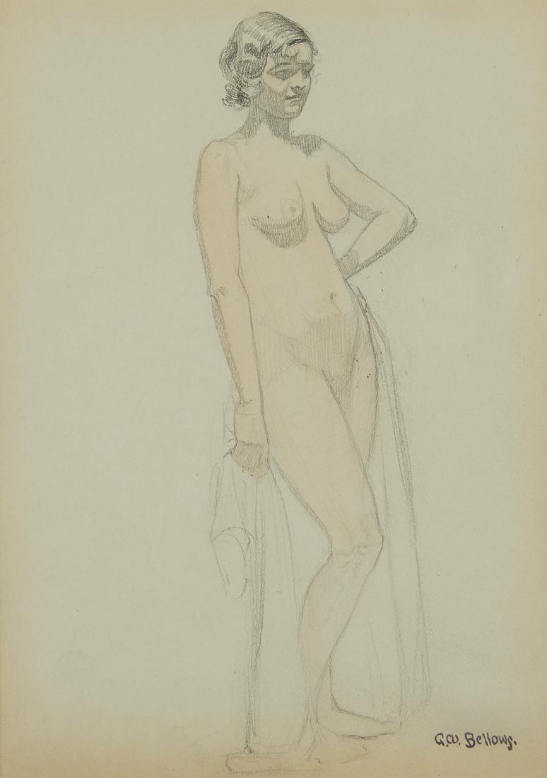 George Bellows Standing Female Nude Drawing: George Wesley Bellows (American, 1882-1925). Mixed media and graphite on paper drawing depicting a standing female nude figure turned slightly to the side with her left hand on her hip. She is holding