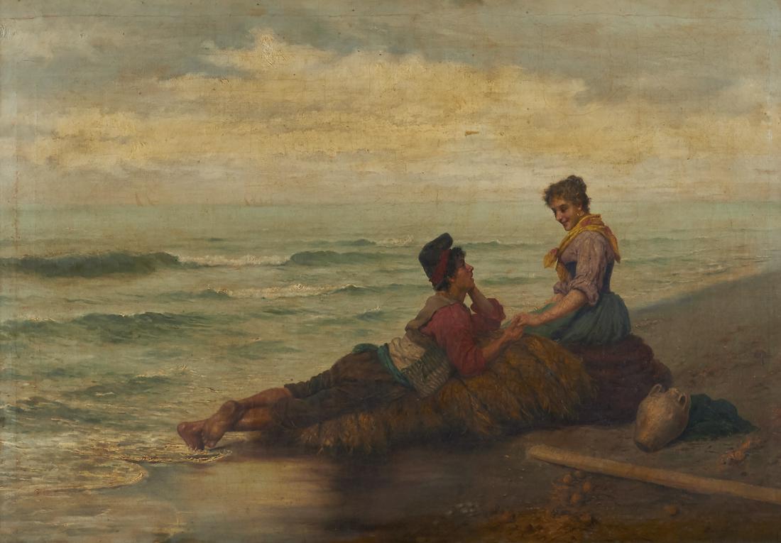 Italian School Painting of a Man and Woman: Italian School painting in oil on canvas depicting a young couple holding hands while they rest atop a large coil of rope. They are on the beach with the sea stretching behind him; the young man rests