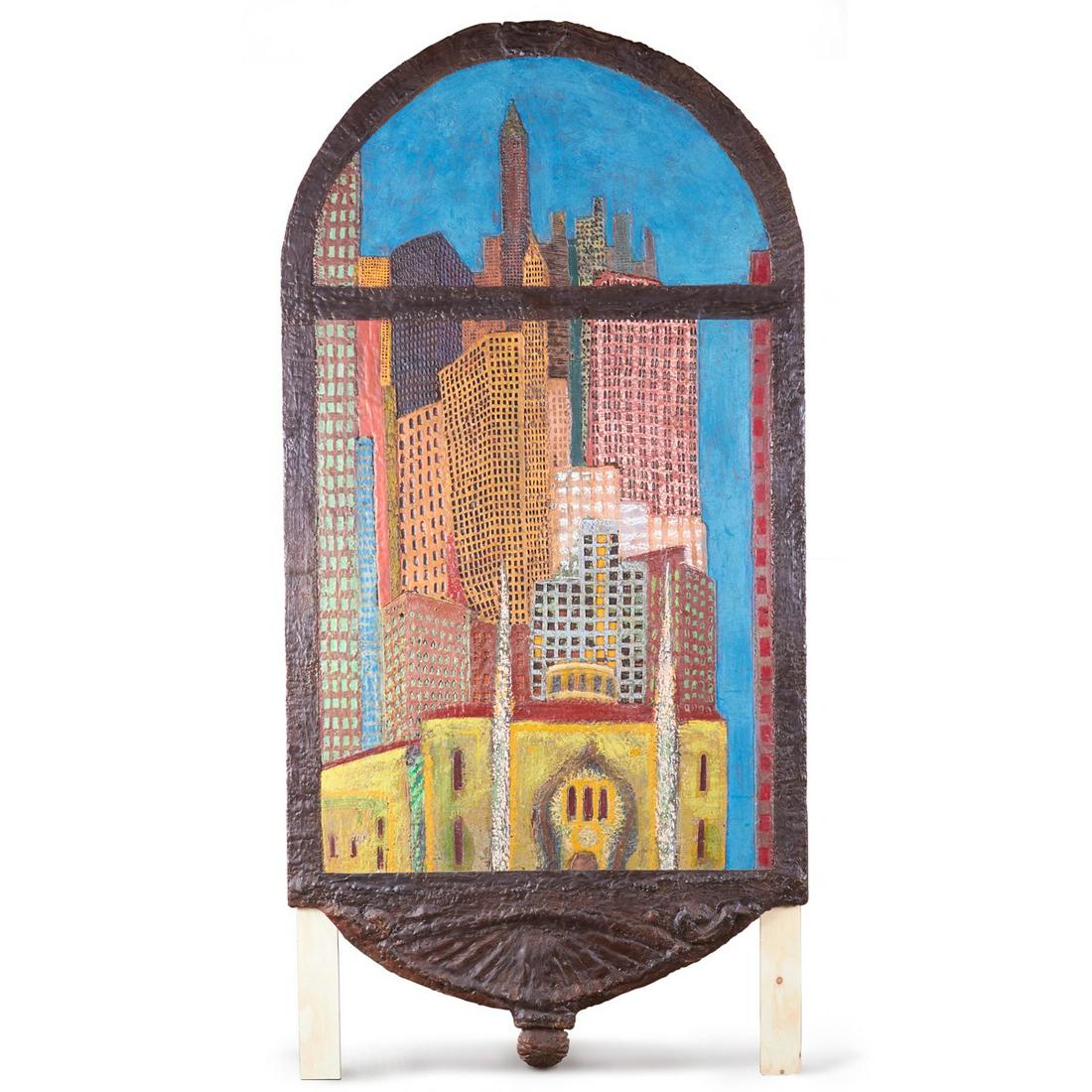 Aldo Moroni Encaustic Relief 1981: Aldo Moroni (American, d. 2020). Large encaustic relief on panel showing a cityscape portrayed in vibrant hues.Provenance: Distinguished corporate collection, Minnesota.Height: 98 in x width: 48 1/4 i