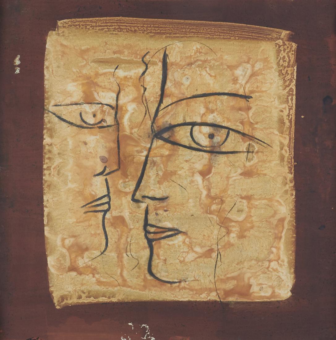 Jamali Lithograph Faces: Jamali (American, b. 1944). Color lithograph on paper depicting surrealist faces in profile over a swirled tan background. Signed along the lower left.Sight; height: 26 1/2 in x width: 26 1/2 in. Fram