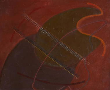 John Ferren "Composition" Oil on Canvas: John Ferren (American, 1905-1970). Oil painting on canvas titled "Composition," depicting sinuous forms in varying shades of red. These are bisected by rows of short brushstrokes in black an