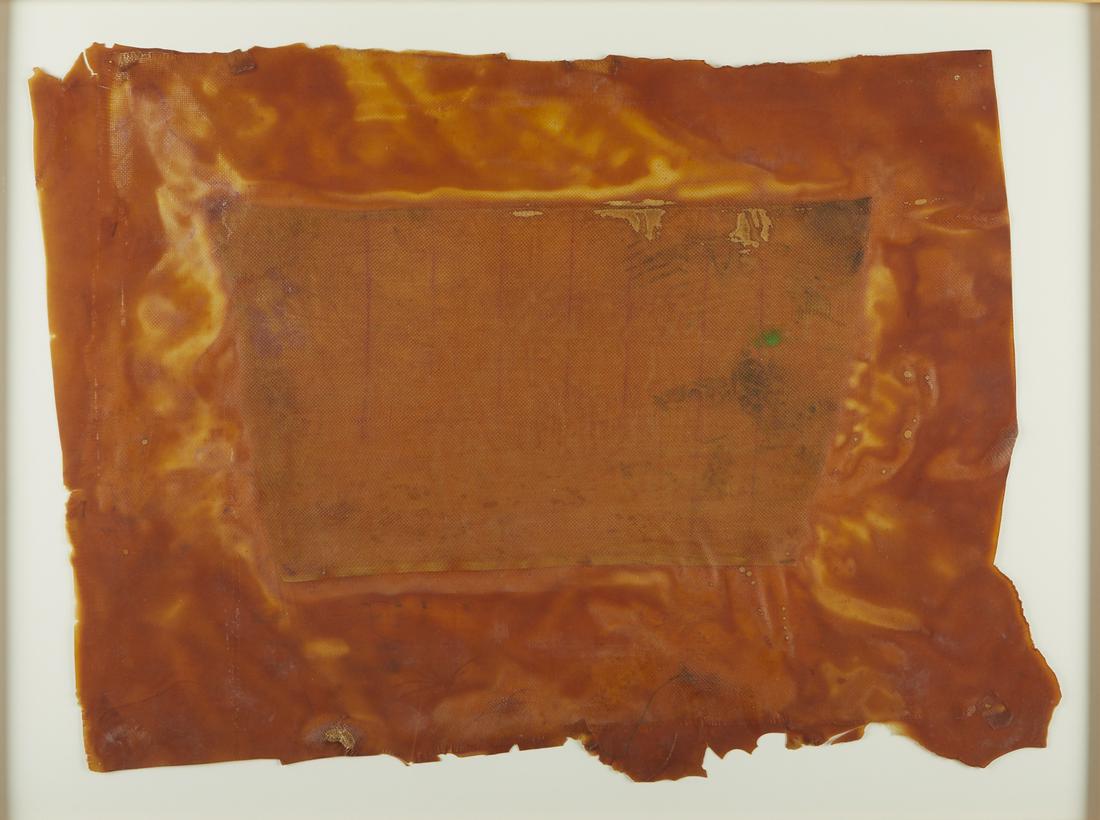 Ed Moses Mixed Media Work & Exhibition Print: Ed Moses (American, 1926-2018). Abstract mixed media work and offset lithograph exhibition poster for an Ed Moses exhibition at Dayton's Gallery 12. Poster reads: "Ed Moses. New Paintings & Drawi