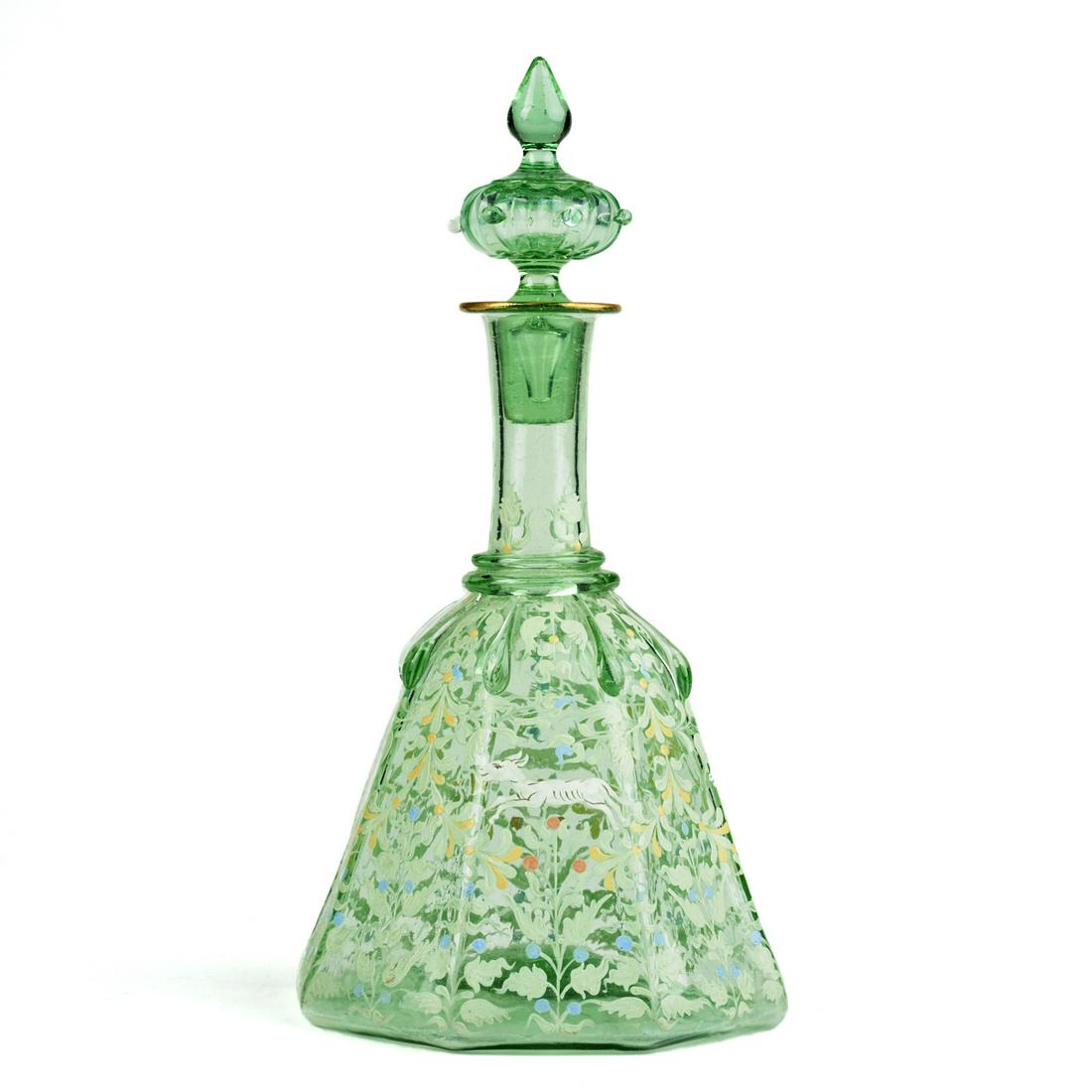 Late 19th c. Bohemian Enameled Vaseline Glass Decanter (1 of 5)