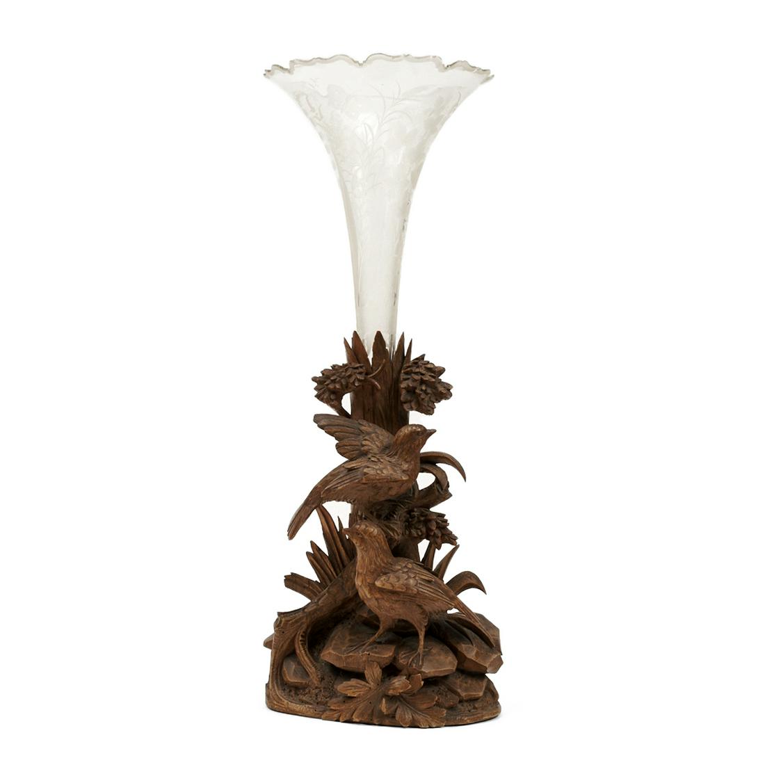 Black Forest Carved Wood Birds Trumpet Vase Cut Glass (1 of 5)