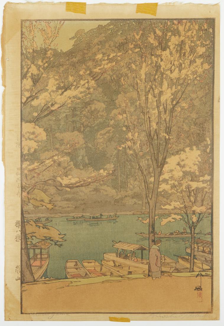 Hiroshi Yoshida "Arashiyama" Woodblock Print: Hiroshi Yoshida (Japanese, 1876-1950). Japanese woodblock print titled "Arashiyama," depicting blossoming trees over a river. Pencil signed along the lower right; titled along the lower left